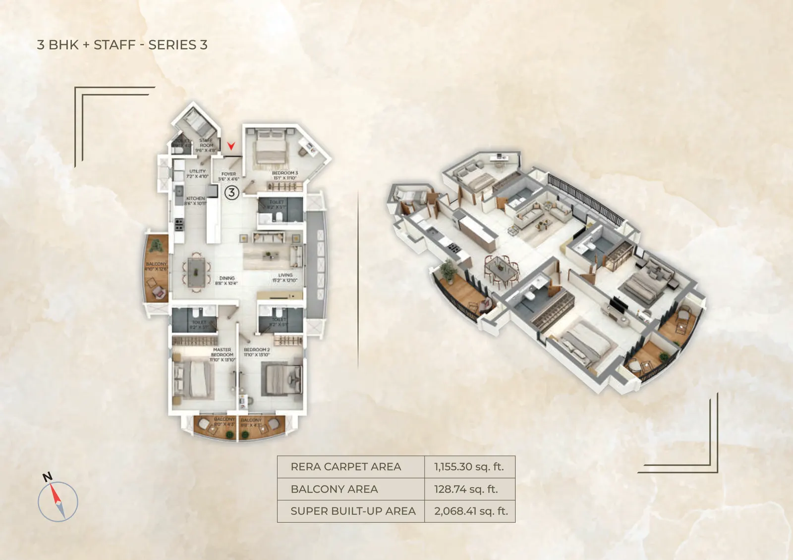Purva Star Reach 3 BHK floor plan with staff accommodation — Series 3 layout