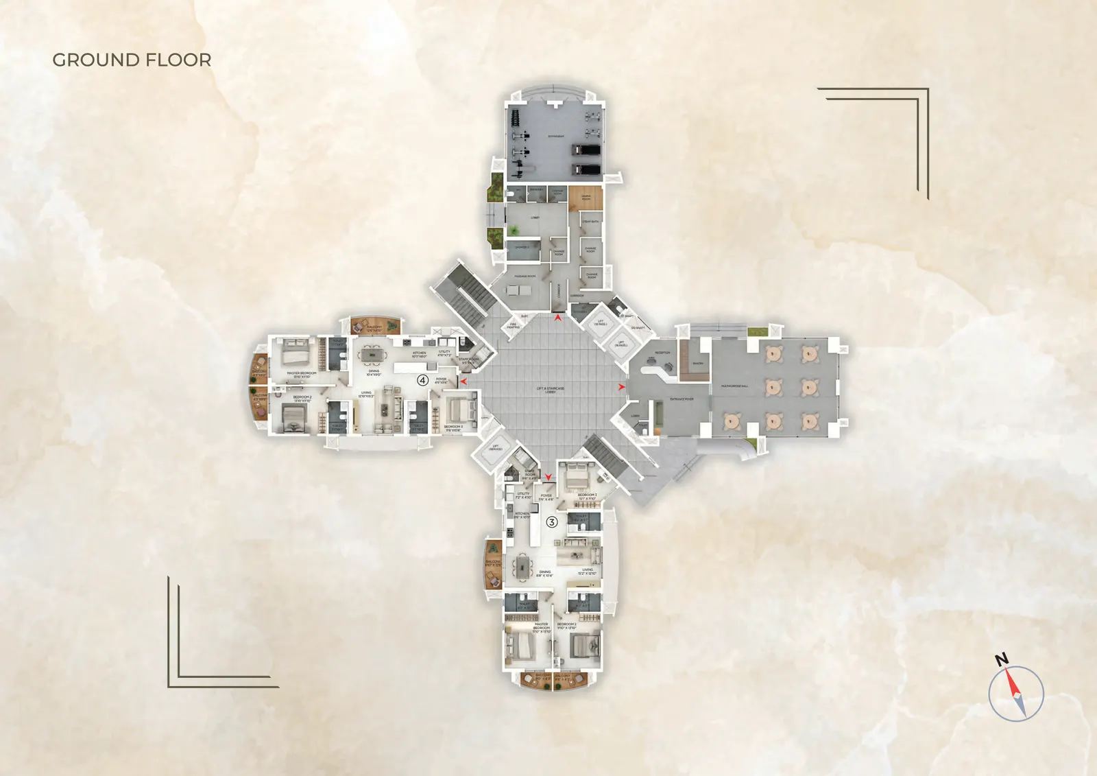 Purva Star Reach ground floor plan — four homes around a central lift lobby