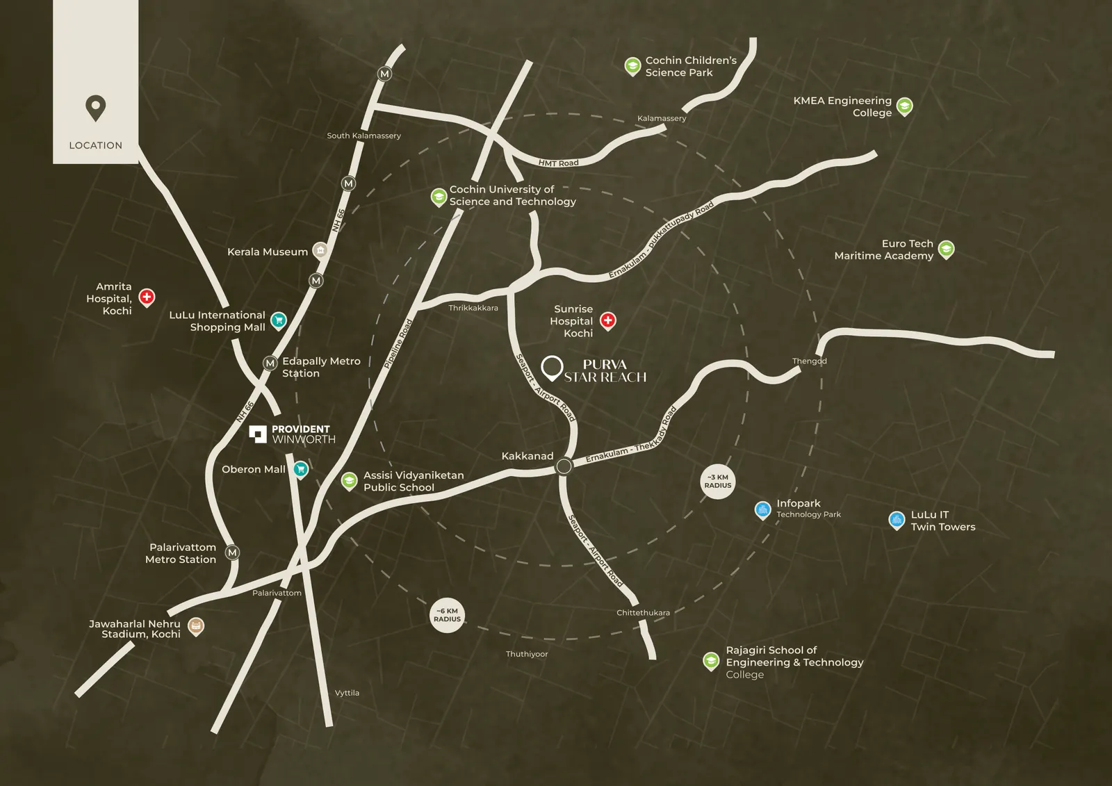 Purva Star Reach location map — Kakkanad, Seaport-Airport Road, Kochi with nearby landmarks